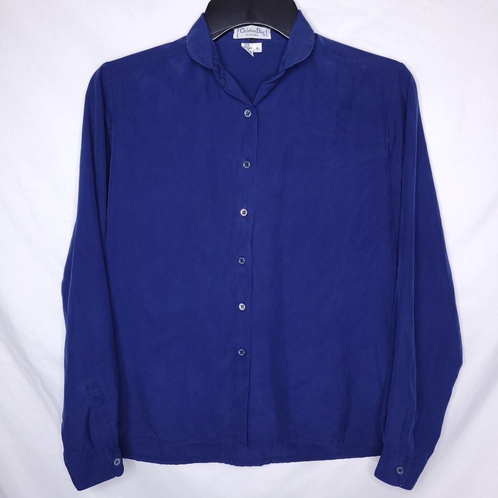 Christian Dior Vintage Button Down Shirt Womens 6 Navy Silk Designer Casual
